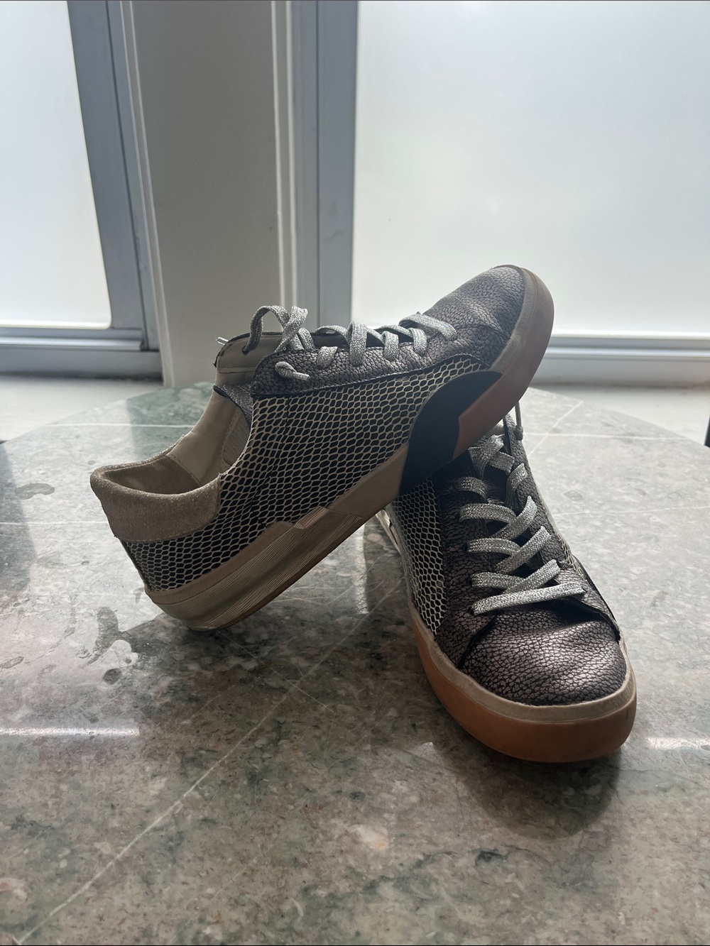 Dolce Vita Metallic Gray Mesh and Tan Sneakers